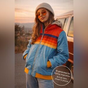 Vintage 80s Colorblock Ski Jacket Sherpa Lined Hood Retro Puffer Size M